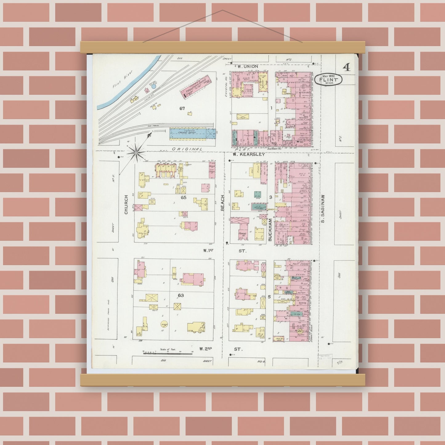Old map wall art mockup — magnetic wood frame on brick wall — Sanborn Fire Insurance Map from Flint, Genesee County, Michigan (1892), Sheet #0004