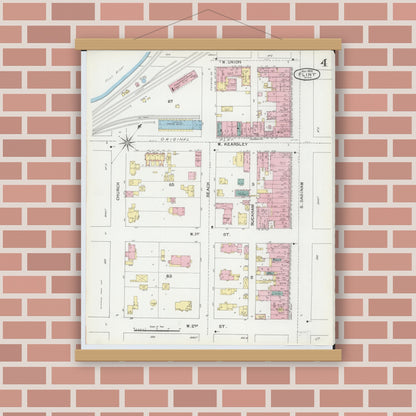 Old map wall art mockup — magnetic wood frame on brick wall — Sanborn Fire Insurance Map from Flint, Genesee County, Michigan (1892), Sheet #0004