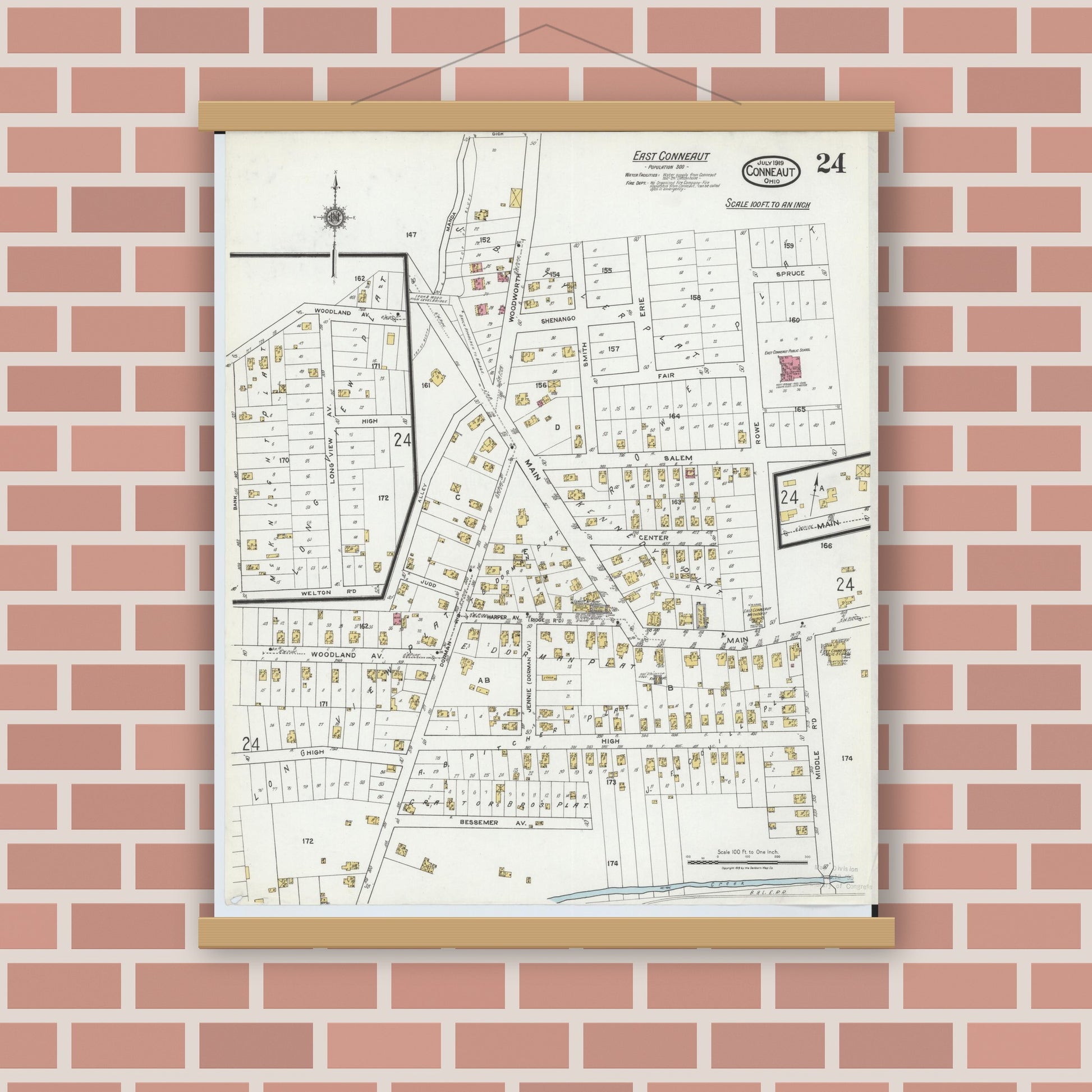 Old map wall art mockup — magnetic wood frame on brick wall — Sanborn Fire Insurance Map from Conneaut, Ashtabula County, Ohio (1919), Sheet #0024