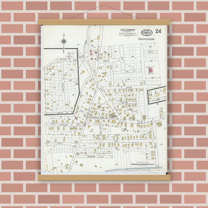 Old map wall art mockup — magnetic wood frame on brick wall — Sanborn Fire Insurance Map from Conneaut, Ashtabula County, Ohio (1919), Sheet #0024