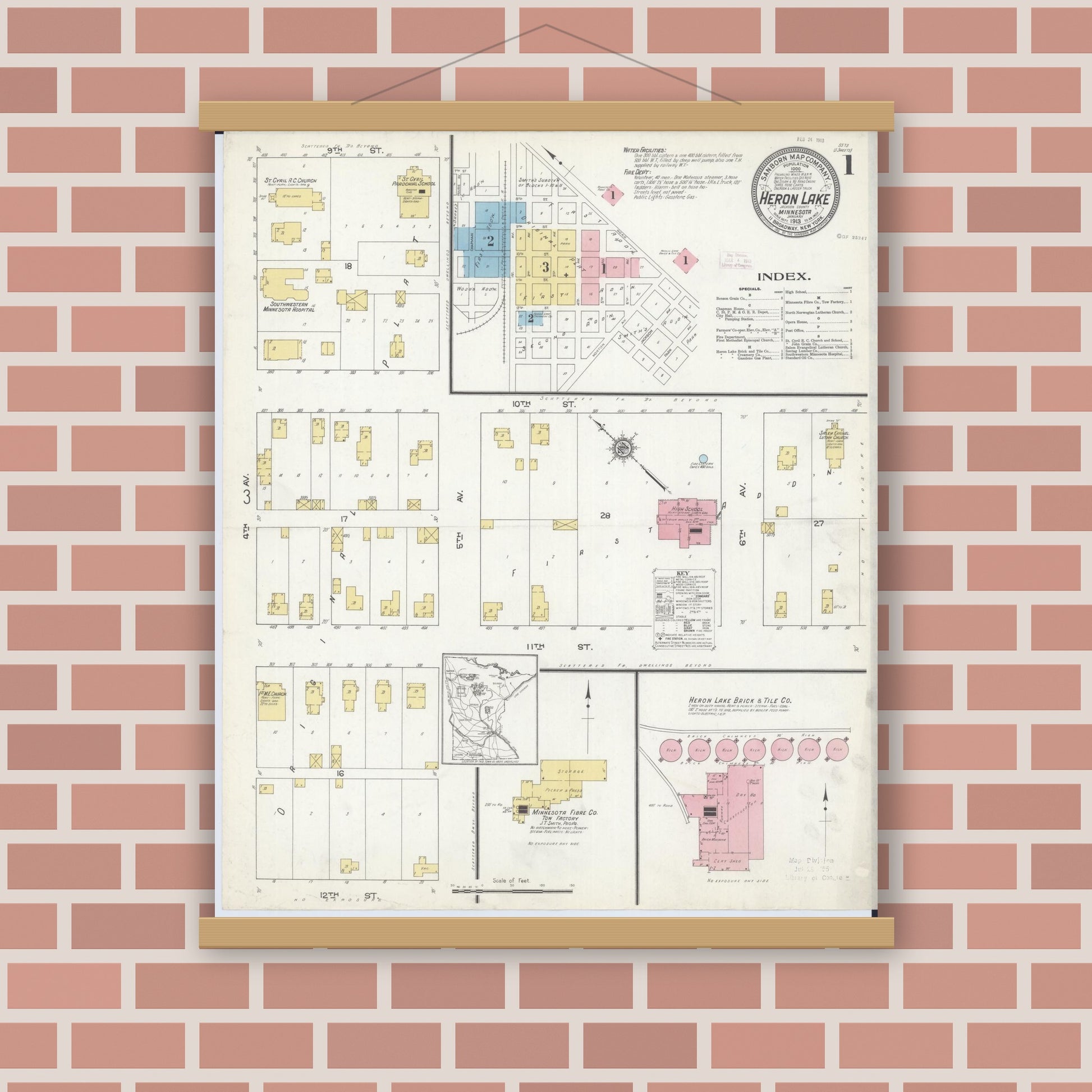 Old map wall art mockup — magnetic wood frame on brick wall — Sanborn Fire Insurance Map from Heron Lake, Jackson County, Minnesota (1913) - Complete Map Set