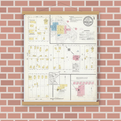 Old map wall art mockup — magnetic wood frame on brick wall — Sanborn Fire Insurance Map from Heron Lake, Jackson County, Minnesota (1913) - Complete Map Set