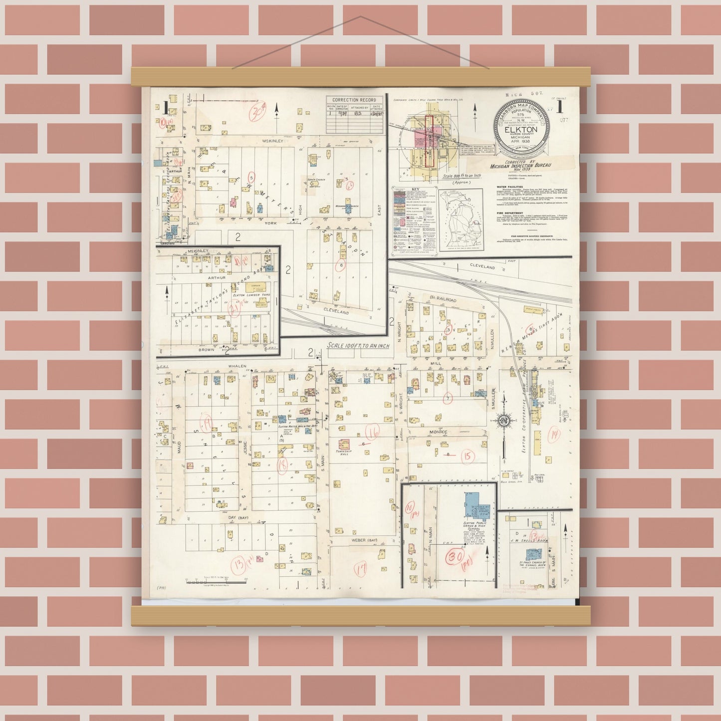 Old map wall art mockup — magnetic wood frame on brick wall — Sanborn Fire Insurance Map from Elkton, Huron County, Michigan (1939) - Complete Map Set