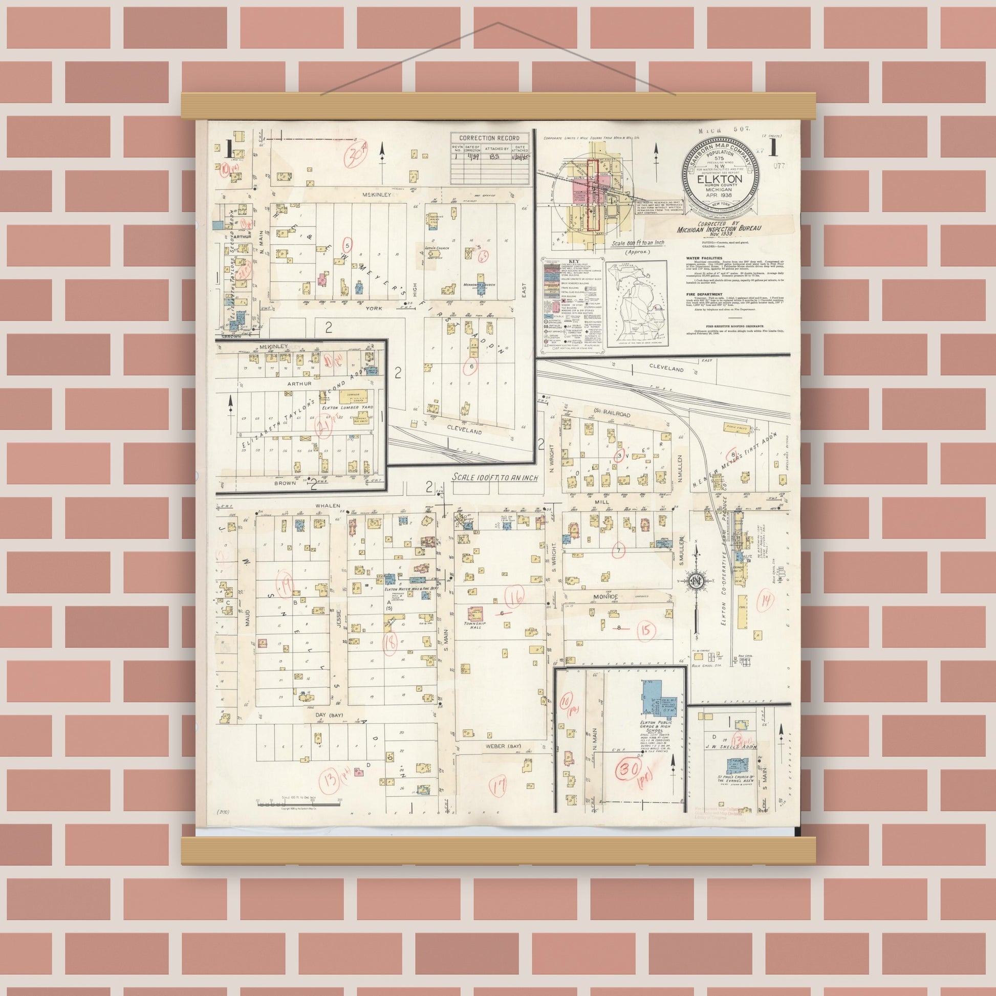 Old map wall art mockup — magnetic wood frame on brick wall — Sanborn Fire Insurance Map from Elkton, Huron County, Michigan (1939) - Complete Map Set