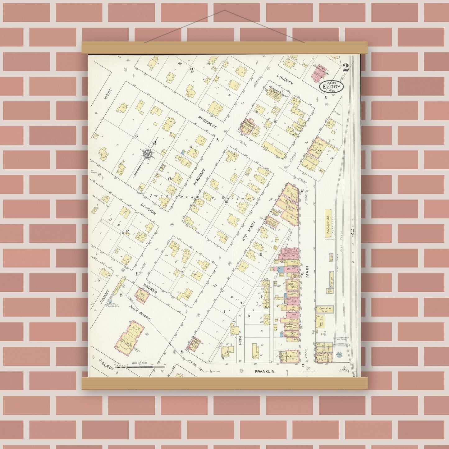 Old map wall art mockup — magnetic wood frame on brick wall — Sanborn Fire Insurance Map from Elroy, Juneau County, Wisconsin (1914), Sheet #0002