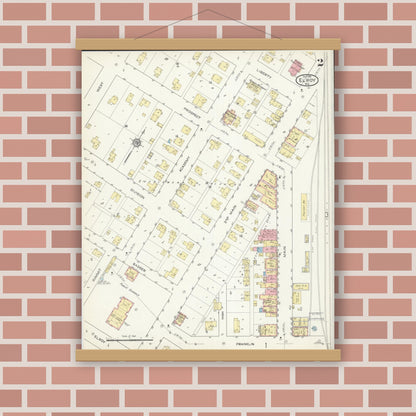 Old map wall art mockup — magnetic wood frame on brick wall — Sanborn Fire Insurance Map from Elroy, Juneau County, Wisconsin (1914), Sheet #0002