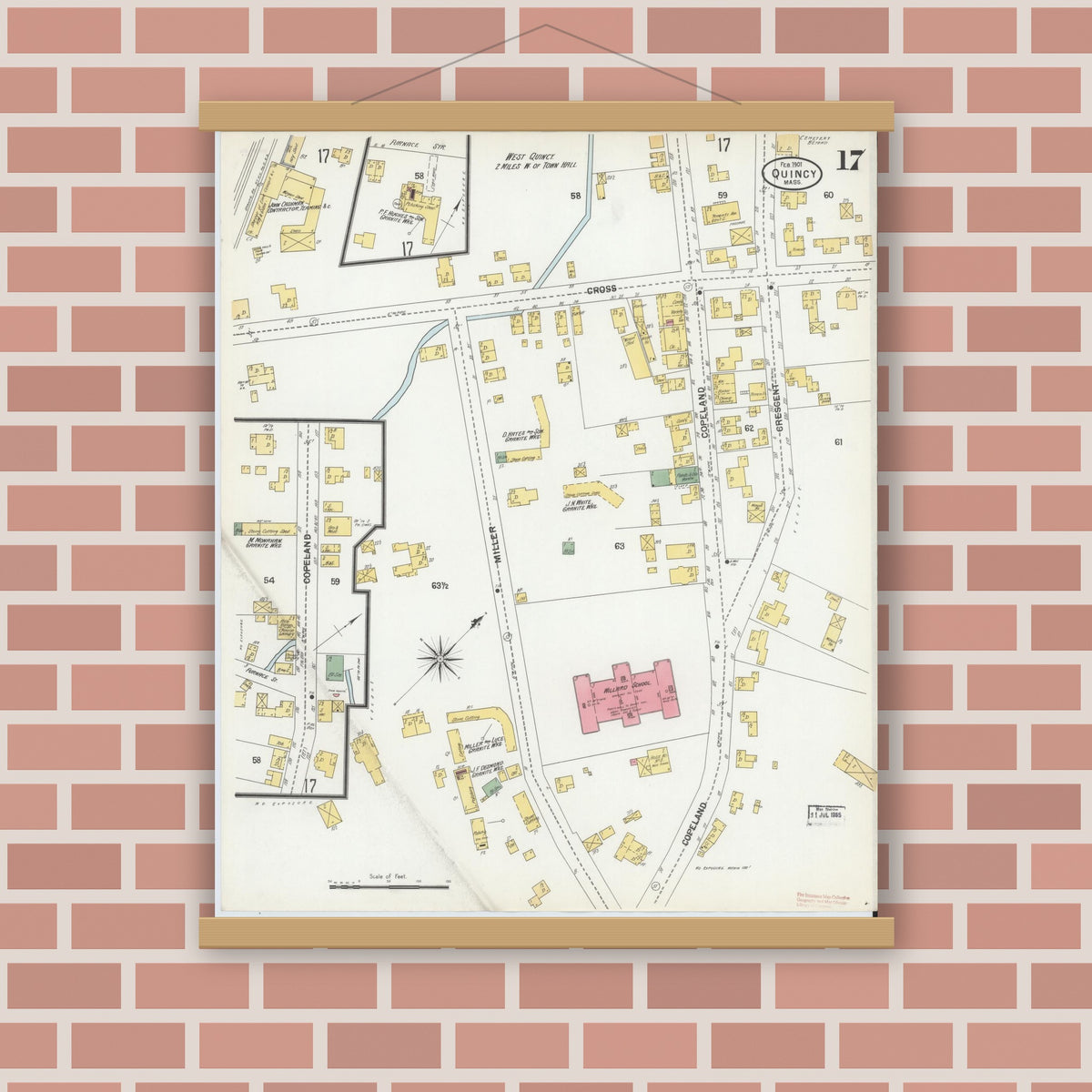 Old map wall art mockup — magnetic wood frame on brick wall — Sanborn Fire Insurance Map from Quincy, Norfolk County, Massachusetts (1901), Sheet #0017
