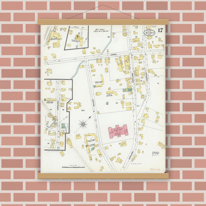 Old map wall art mockup — magnetic wood frame on brick wall — Sanborn Fire Insurance Map from Quincy, Norfolk County, Massachusetts (1901), Sheet #0017