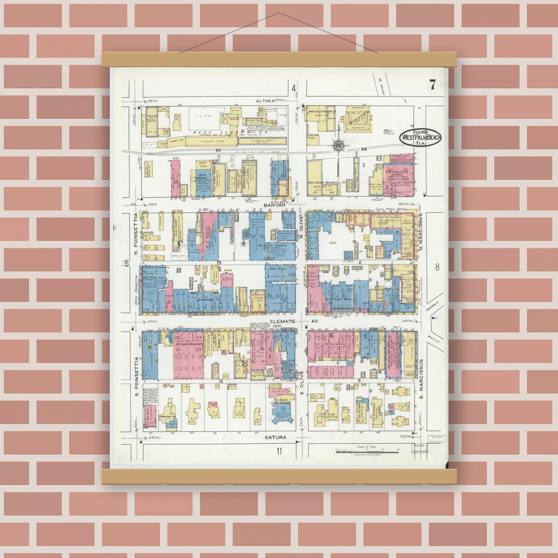 Old map wall art mockup — magnetic wood frame on brick wall — Sanborn Fire Insurance Map from West Palm Beach, Dade County, Florida (1920), Sheet #0007