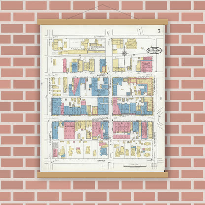 Old map wall art mockup — magnetic wood frame on brick wall — Sanborn Fire Insurance Map from West Palm Beach, Dade County, Florida (1920), Sheet #0007