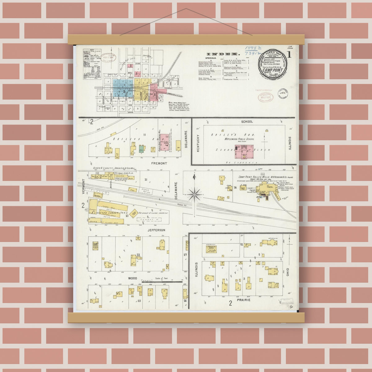 Old map wall art mockup — magnetic wood frame on brick wall — Sanborn Fire Insurance Map from Camp Point, Adams County, Illinois (1898) - Complete Map Set