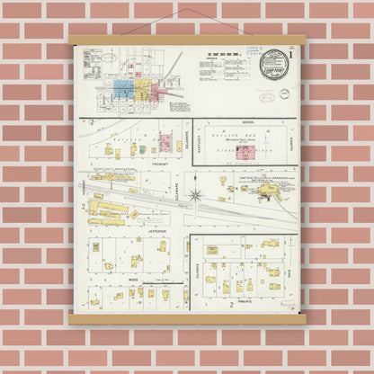 Old map wall art mockup — magnetic wood frame on brick wall — Sanborn Fire Insurance Map from Camp Point, Adams County, Illinois (1898) - Complete Map Set