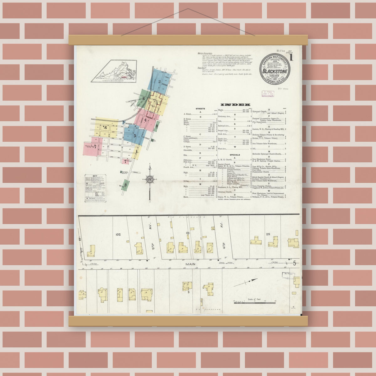 Old map wall art mockup — magnetic wood frame on brick wall — Sanborn Fire Insurance Map from Blackstone, Nottoway County, Virginia (1913) - Complete Map Set