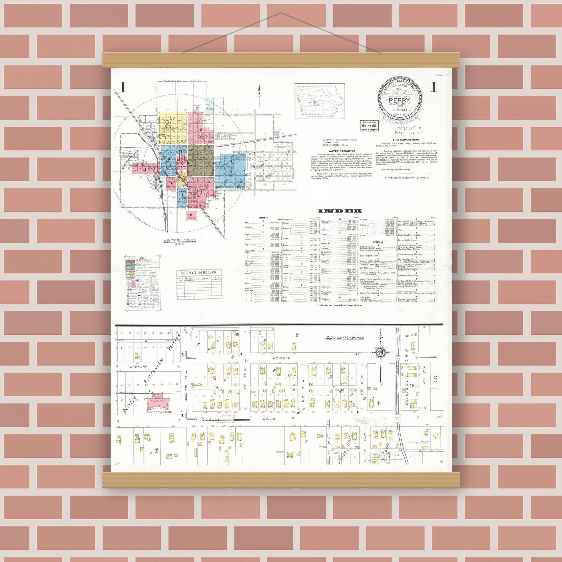 Old map wall art mockup — magnetic wood frame on brick wall — Sanborn Fire Insurance Map from Perry, Dallas County, Iowa (1933) â€” Complete Set