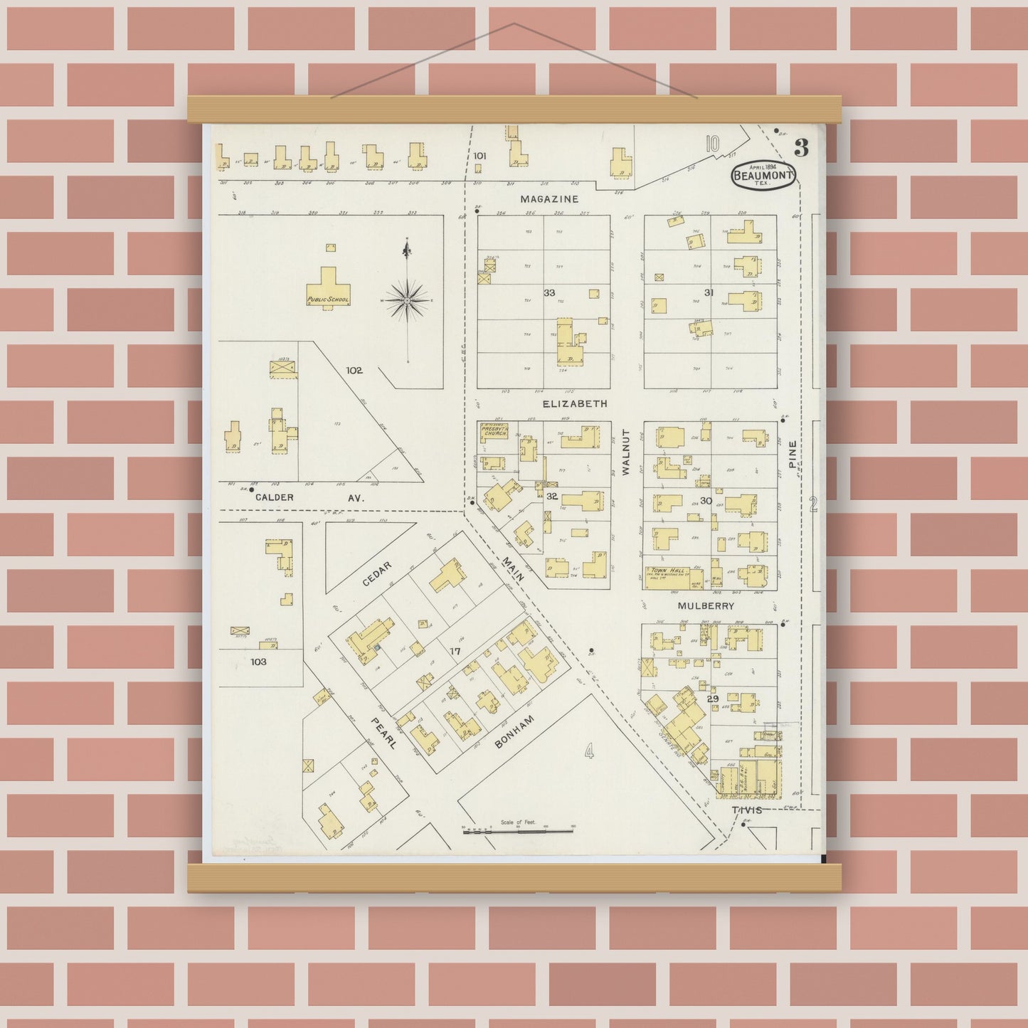 Old map wall art mockup — magnetic wood frame on brick wall — Sanborn Fire Insurance Map from Beaumont, Jefferson County, Texas (1894), Sheet #0003