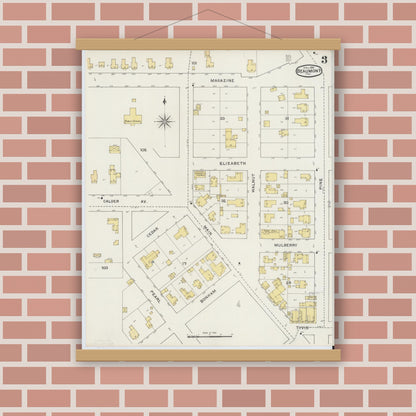 Old map wall art mockup — magnetic wood frame on brick wall — Sanborn Fire Insurance Map from Beaumont, Jefferson County, Texas (1894), Sheet #0003