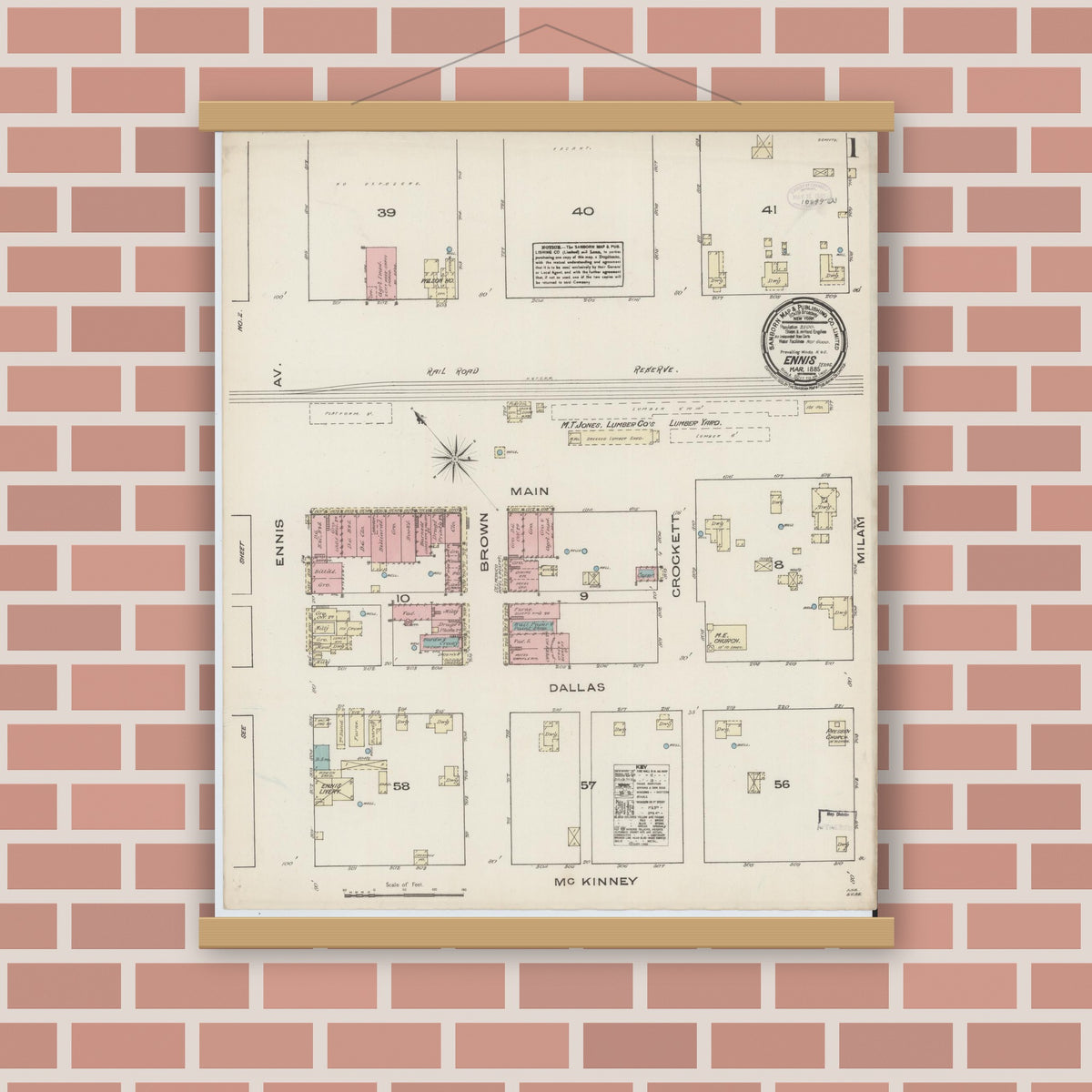 Old map wall art mockup — magnetic wood frame on brick wall — Sanborn Fire Insurance Map from Ennis, Ellis County, Texas (1885), Sheet #0001