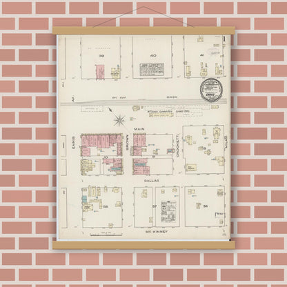 Old map wall art mockup — magnetic wood frame on brick wall — Sanborn Fire Insurance Map from Ennis, Ellis County, Texas (1885), Sheet #0001