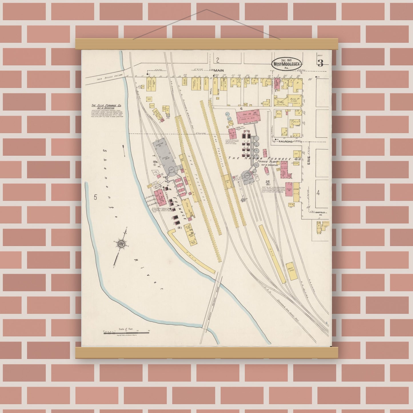 Old map wall art mockup — magnetic wood frame on brick wall — Sanborn Fire Insurance Map from West Middlesex, Mercer County, Pennsylvania (1921), Sheet #0003