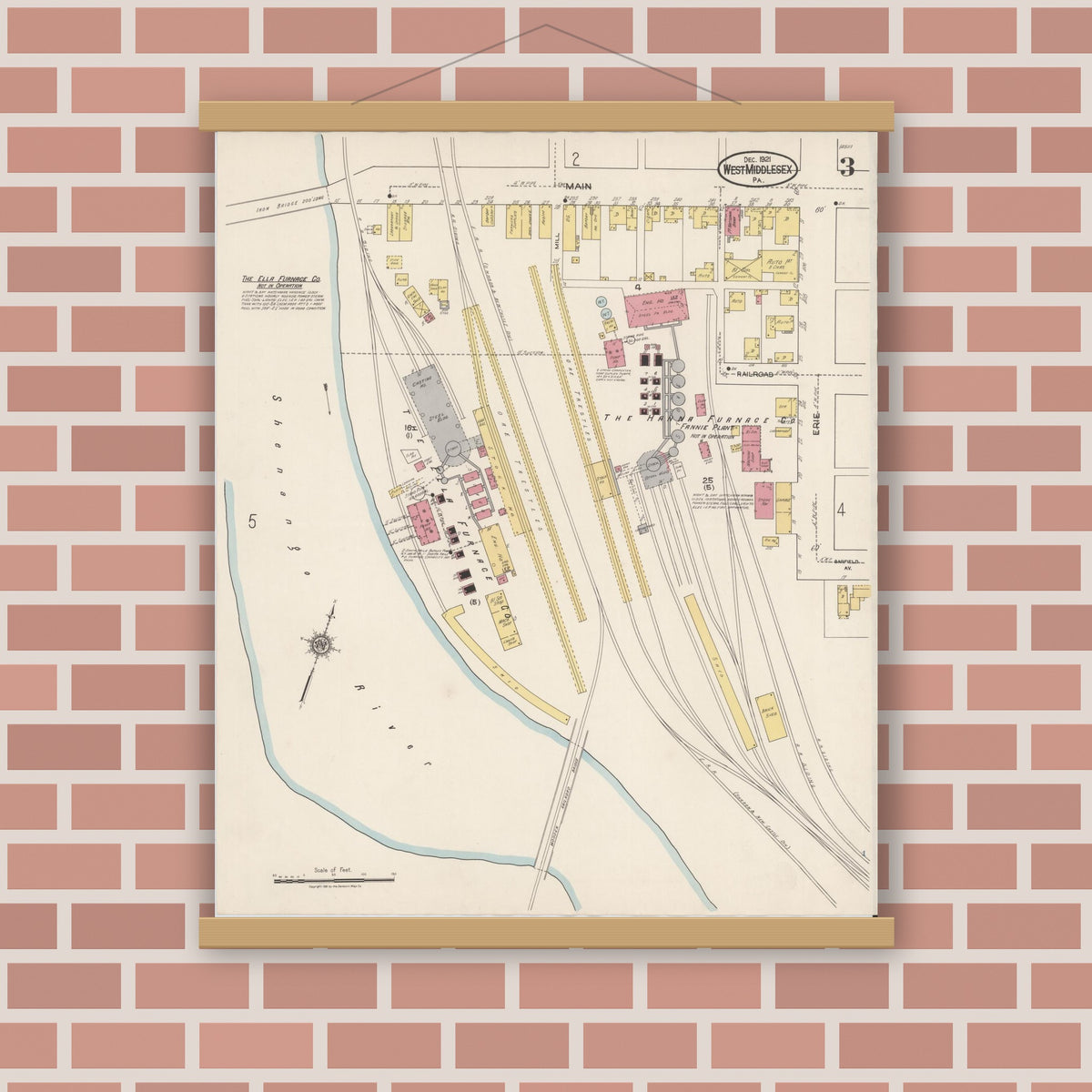 Old map wall art mockup — magnetic wood frame on brick wall — Sanborn Fire Insurance Map from West Middlesex, Mercer County, Pennsylvania (1921), Sheet #0003