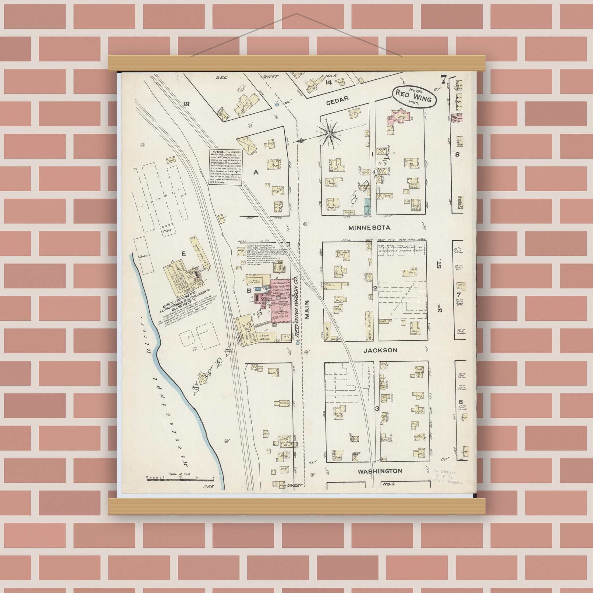 Old map wall art mockup — magnetic wood frame on brick wall — Sanborn Fire Insurance Map from Red Wing, Goodhue County, Minnesota (1884), Sheet #0007