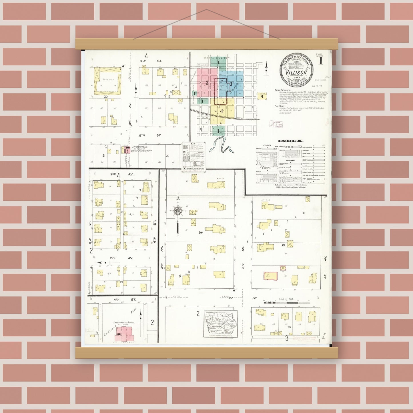 Old map wall art mockup — magnetic wood frame on brick wall — Sanborn Fire Insurance Map from Villisca, Montgomery County, Iowa (1912) â€” Complete Set