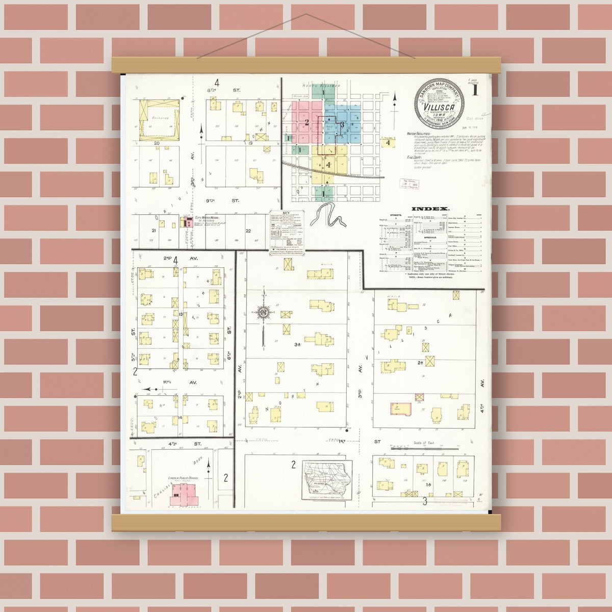 Old map wall art mockup — magnetic wood frame on brick wall — Sanborn Fire Insurance Map from Villisca, Montgomery County, Iowa (1912) â€” Complete Set