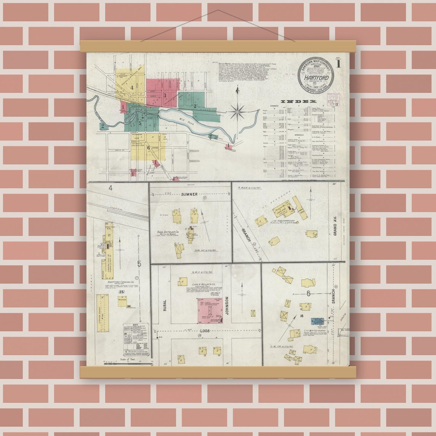 Old map wall art mockup — magnetic wood frame on brick wall — Sanborn Fire Insurance Map from Hartford, Washington County, Wisconsin (1907), Sheet #0001
