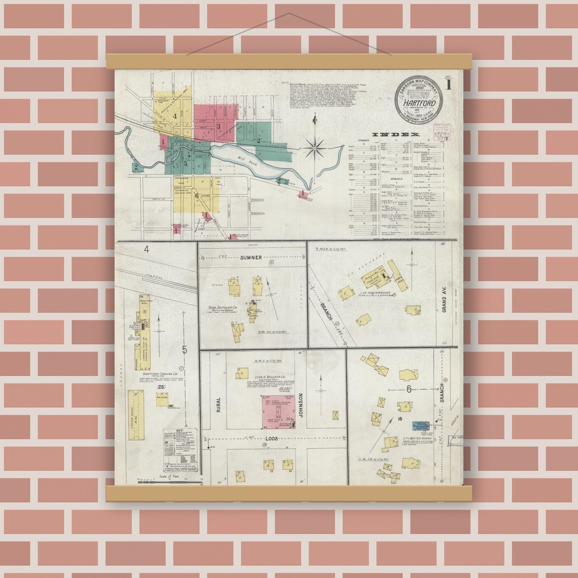 Old map wall art mockup — magnetic wood frame on brick wall — Sanborn Fire Insurance Map from Hartford, Washington County, Wisconsin (1907), Sheet #0001