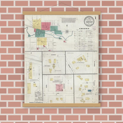 Old map wall art mockup — magnetic wood frame on brick wall — Sanborn Fire Insurance Map from Hartford, Washington County, Wisconsin (1907), Sheet #0001
