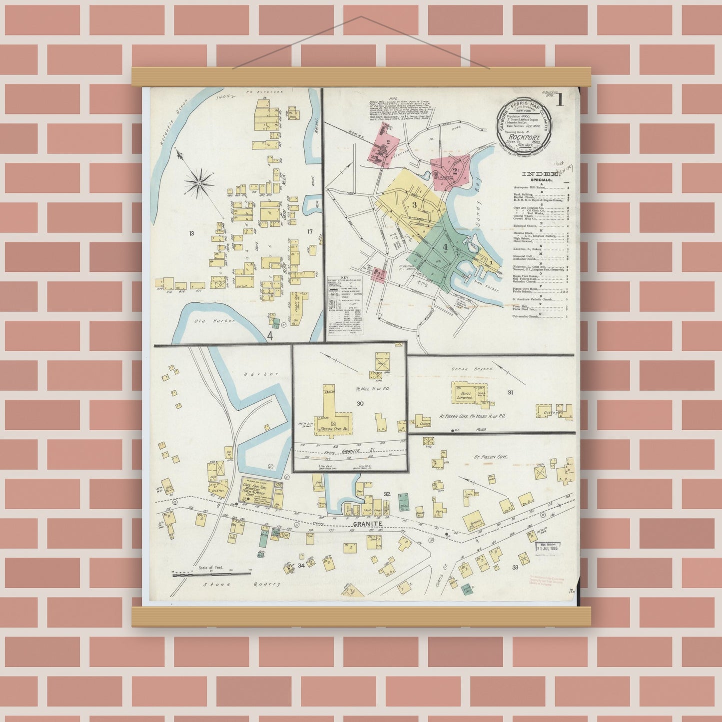 Old map wall art mockup — magnetic wood frame on brick wall — Sanborn Fire Insurance Map from Rockport, Essex County, Massachusetts (1897) - Complete Map Set