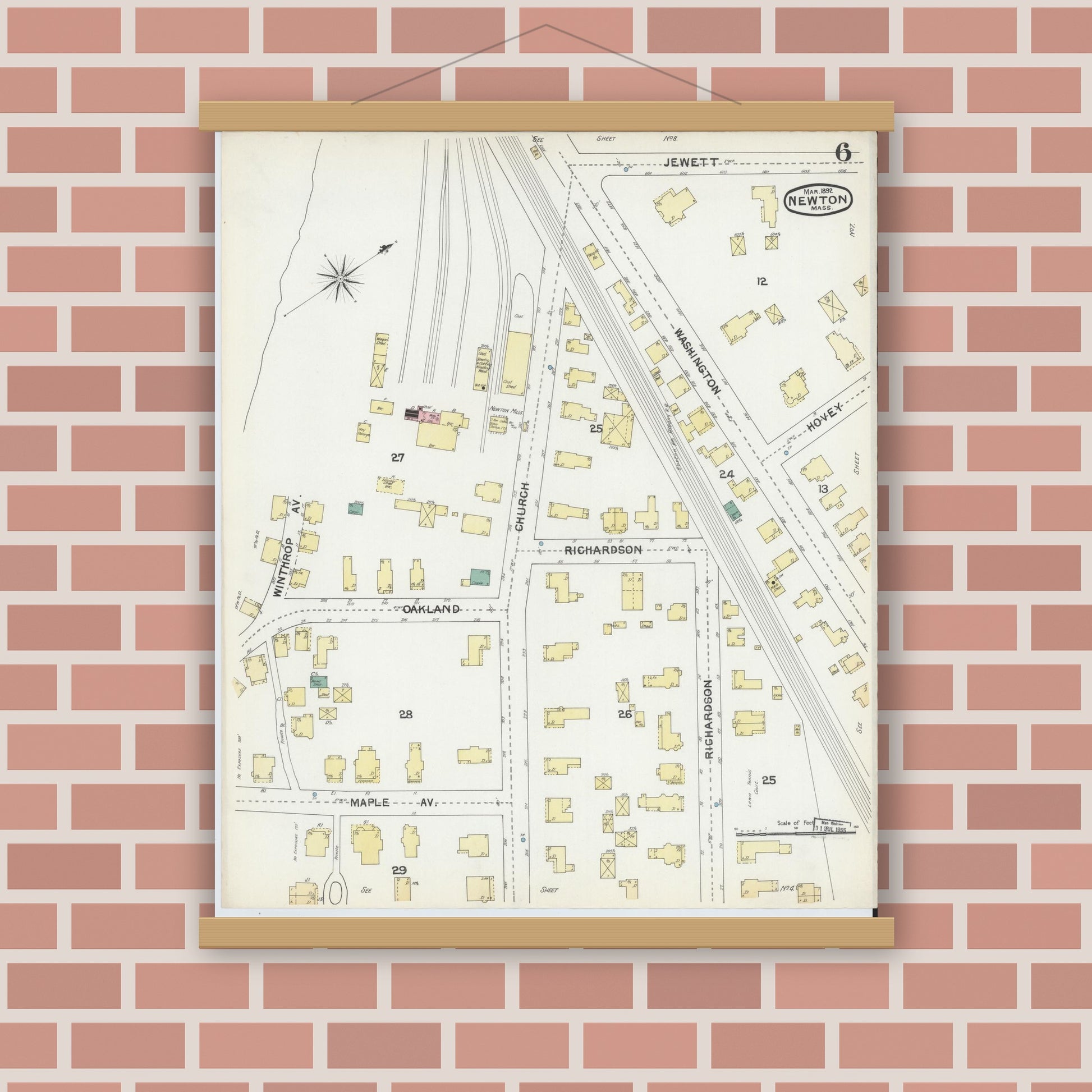 Old map wall art mockup — magnetic wood frame on brick wall — Sanborn Fire Insurance Map from Newton, Middlesex County, Massachusetts (1892), Sheet #0006