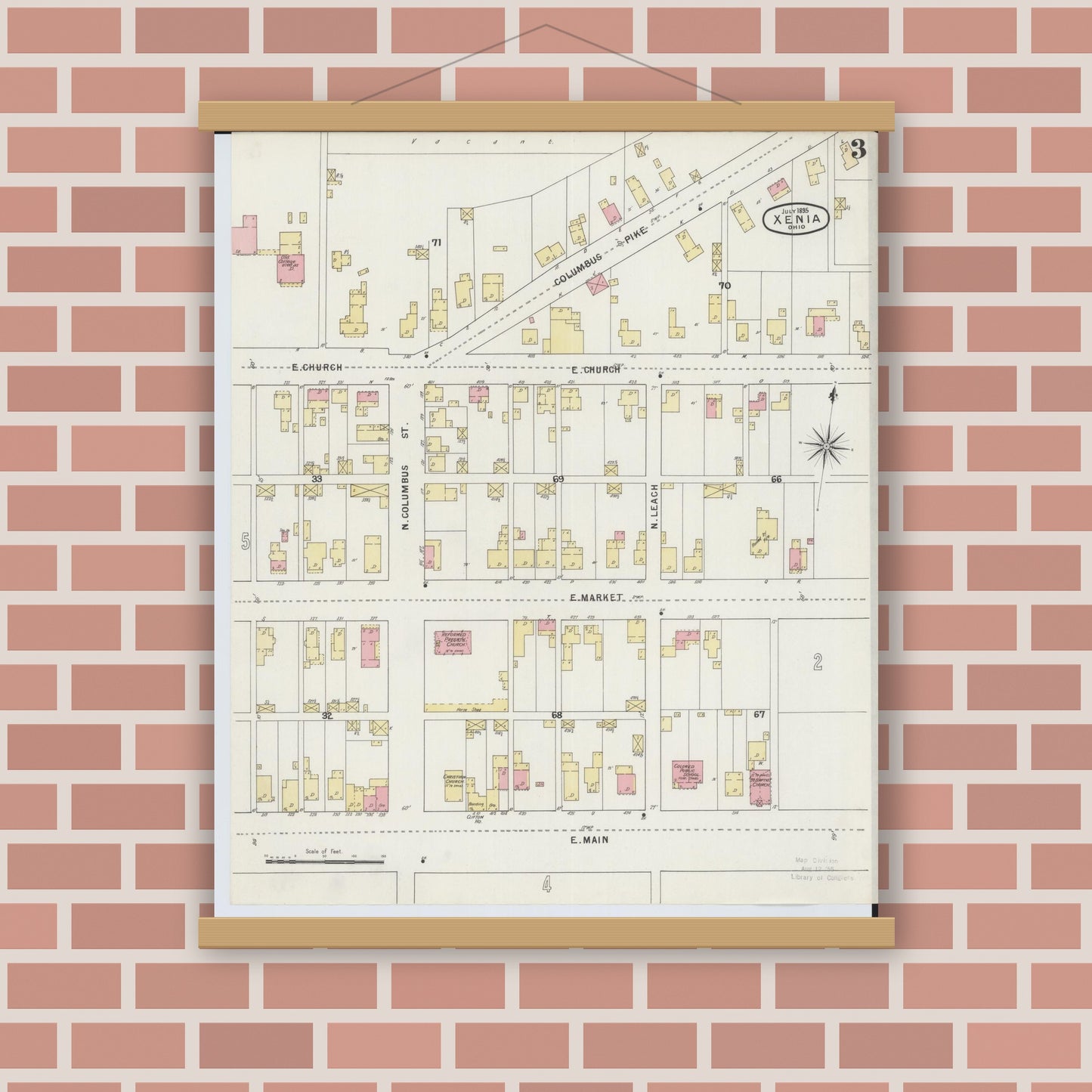 Old map wall art mockup — magnetic wood frame on brick wall — Sanborn Fire Insurance Map from Xenia, Greene County, Ohio (1895), Sheet #0003