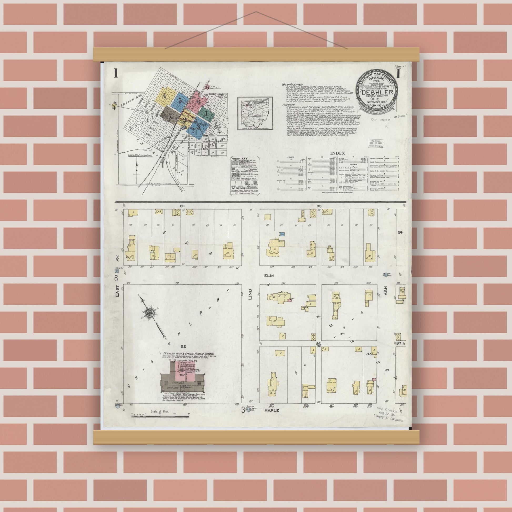 Old map wall art mockup — magnetic wood frame on brick wall — Sanborn Fire Insurance Map from Deshler, Henry County, Ohio (1923), Sheet #0001