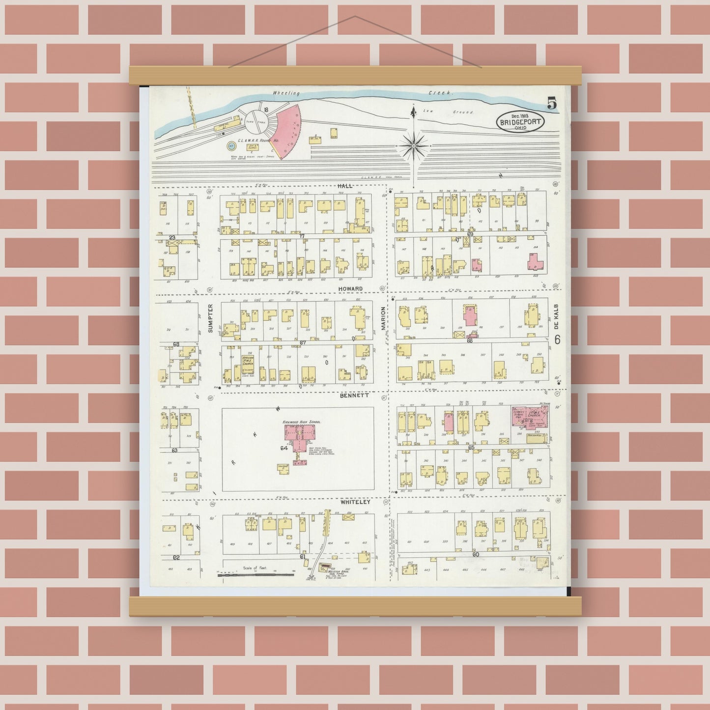 Old map wall art mockup — magnetic wood frame on brick wall — Sanborn Fire Insurance Map from Bridgeport, Belmont County, Ohio (1903), Sheet #0005
