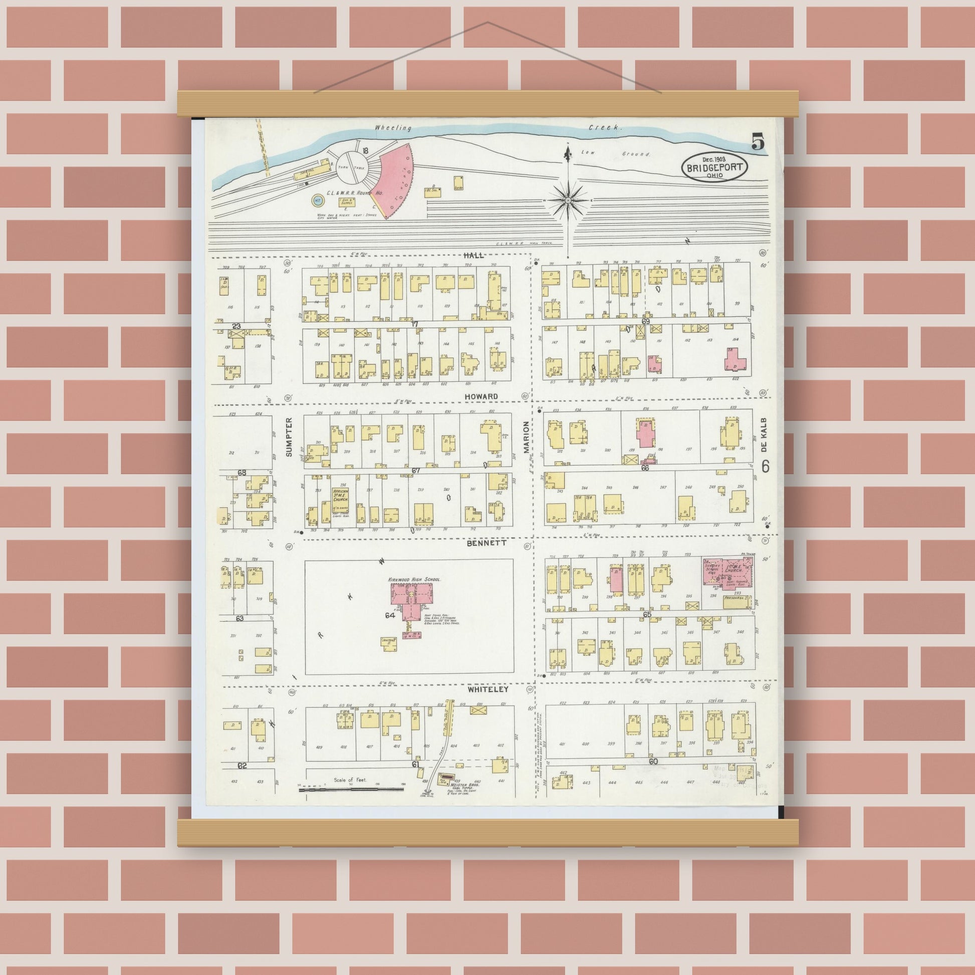 Old map wall art mockup — magnetic wood frame on brick wall — Sanborn Fire Insurance Map from Bridgeport, Belmont County, Ohio (1903), Sheet #0005