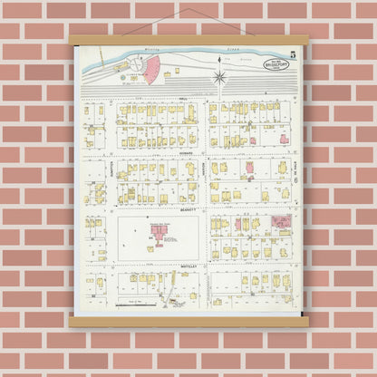 Old map wall art mockup — magnetic wood frame on brick wall — Sanborn Fire Insurance Map from Bridgeport, Belmont County, Ohio (1903), Sheet #0005