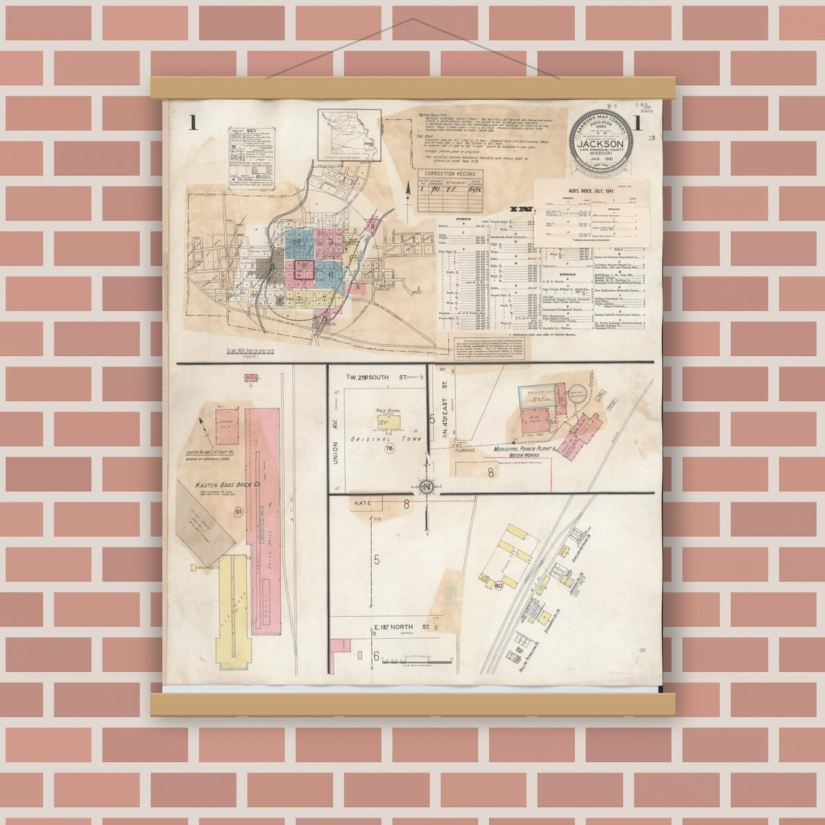 Old map wall art mockup — magnetic wood frame on brick wall — Sanborn Fire Insurance Map from Jackson, Cape Girardeau County, Missouri (1941), Sheet #0001