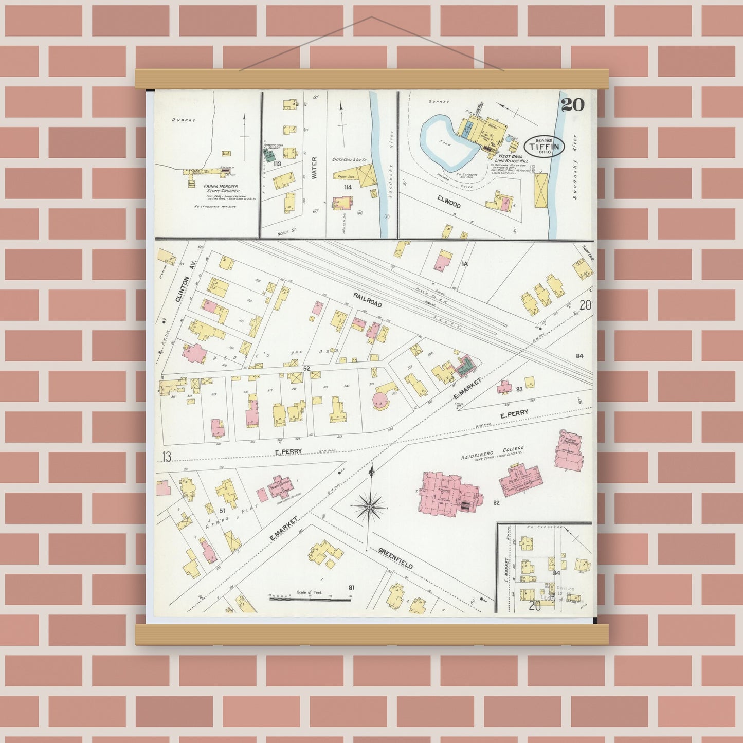 Old map wall art mockup — magnetic wood frame on brick wall — Sanborn Fire Insurance Map from Tiffin, Seneca County, Ohio (1901), Sheet #0020