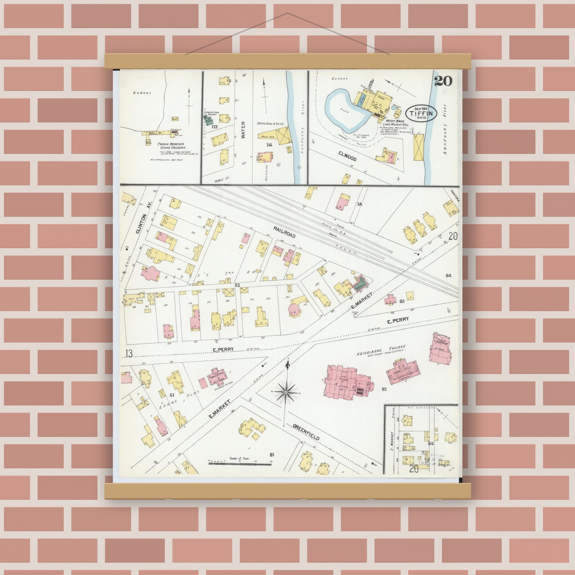 Old map wall art mockup — magnetic wood frame on brick wall — Sanborn Fire Insurance Map from Tiffin, Seneca County, Ohio (1901), Sheet #0020