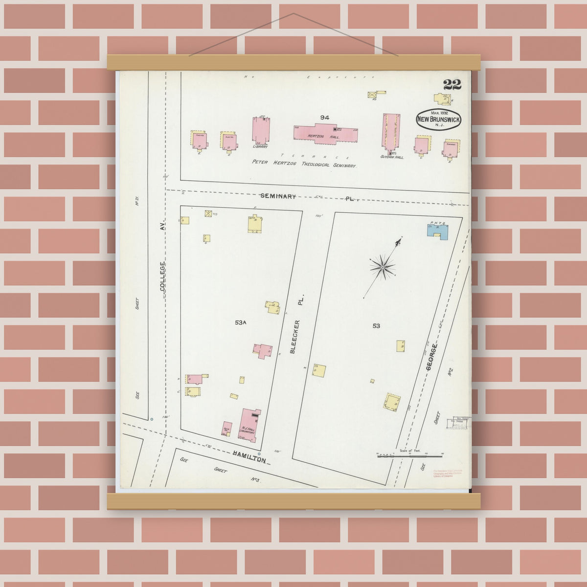 Old map wall art mockup — magnetic wood frame on brick wall — Sanborn Fire Insurance Map from New Brunswick, Middlesex County, New Jersey (1892), Sheet #0022