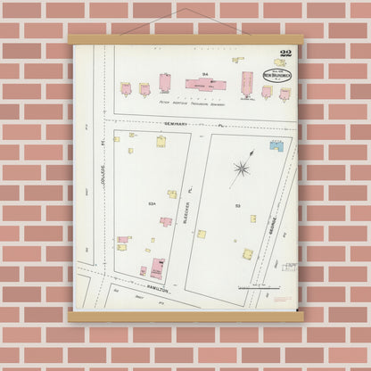 Old map wall art mockup — magnetic wood frame on brick wall — Sanborn Fire Insurance Map from New Brunswick, Middlesex County, New Jersey (1892), Sheet #0022