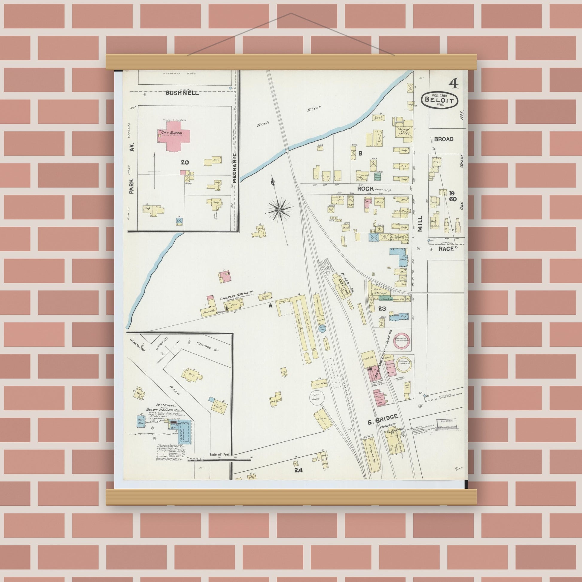 Old map wall art mockup — magnetic wood frame on brick wall — Sanborn Fire Insurance Map from Beloit, Rock County, Wisconsin (1890), Sheet #0004