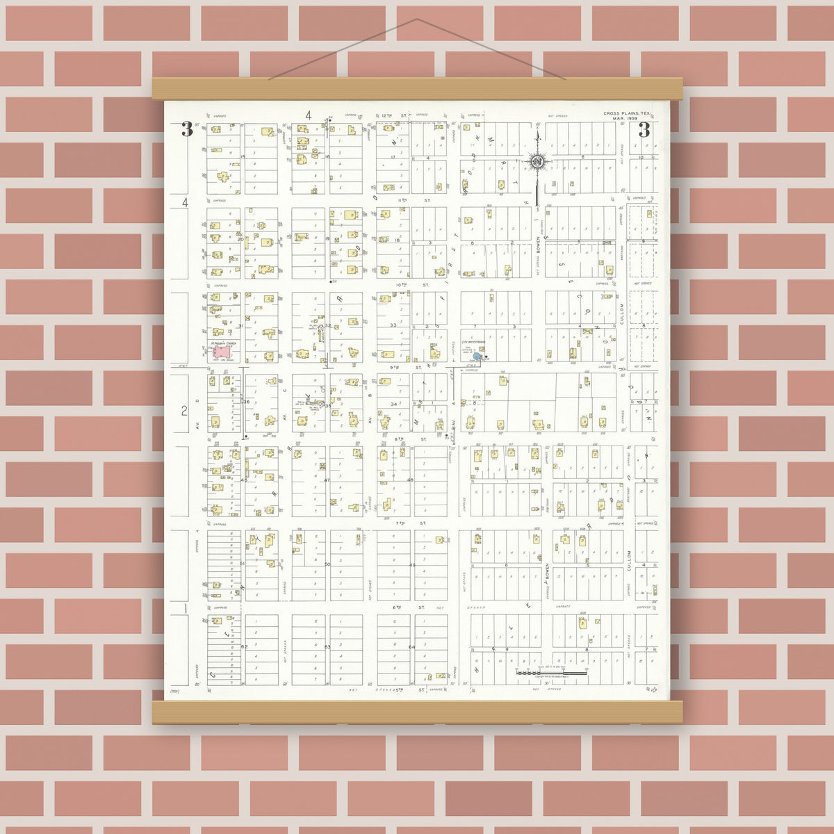 Old map wall art mockup — magnetic wood frame on brick wall — Sanborn Fire Insurance Map from Cross Plains, Callahan County, Texas (1939), Sheet #0003