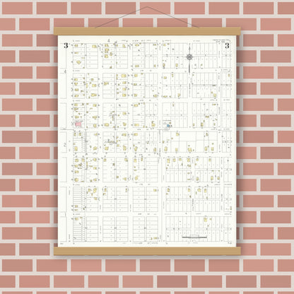 Old map wall art mockup — magnetic wood frame on brick wall — Sanborn Fire Insurance Map from Cross Plains, Callahan County, Texas (1939), Sheet #0003
