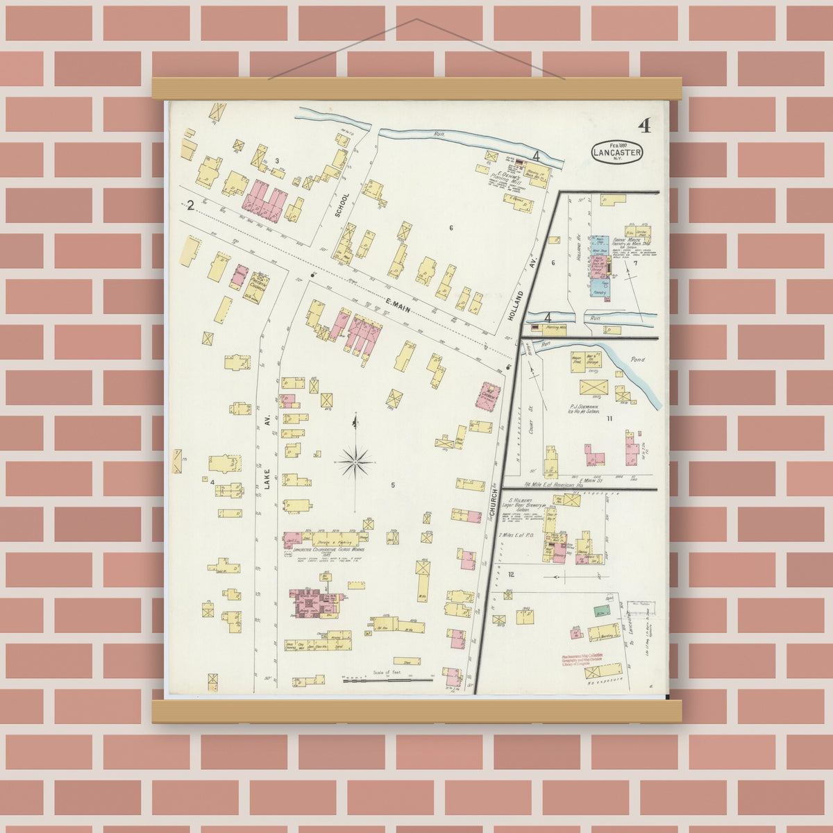 Old map wall art mockup — magnetic wood frame on brick wall — Sanborn Fire Insurance Map from Lancaster, Erie County, New York (1897), Sheet #0004