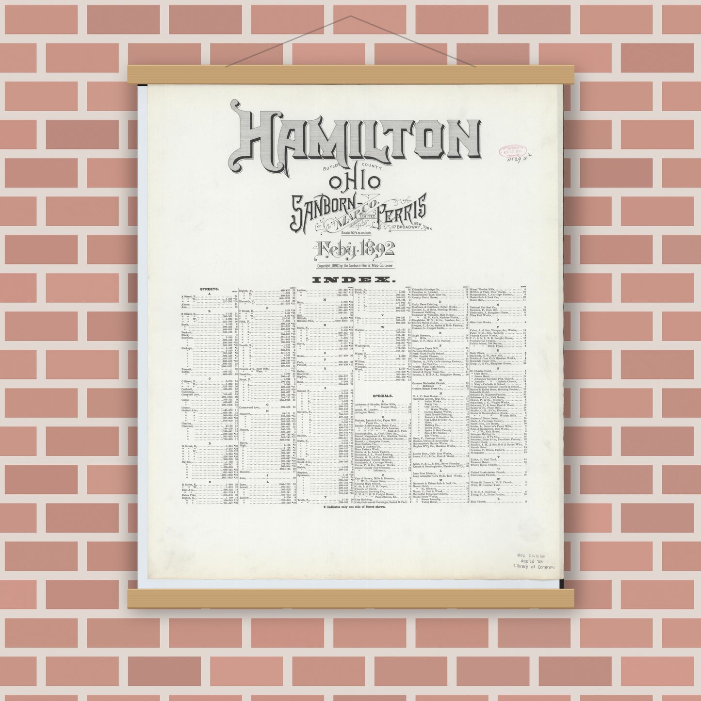 Old map wall art mockup — magnetic wood frame on brick wall — Sanborn Fire Insurance Map from Hamilton, Butler County, Ohio (1892), Sheet #0001