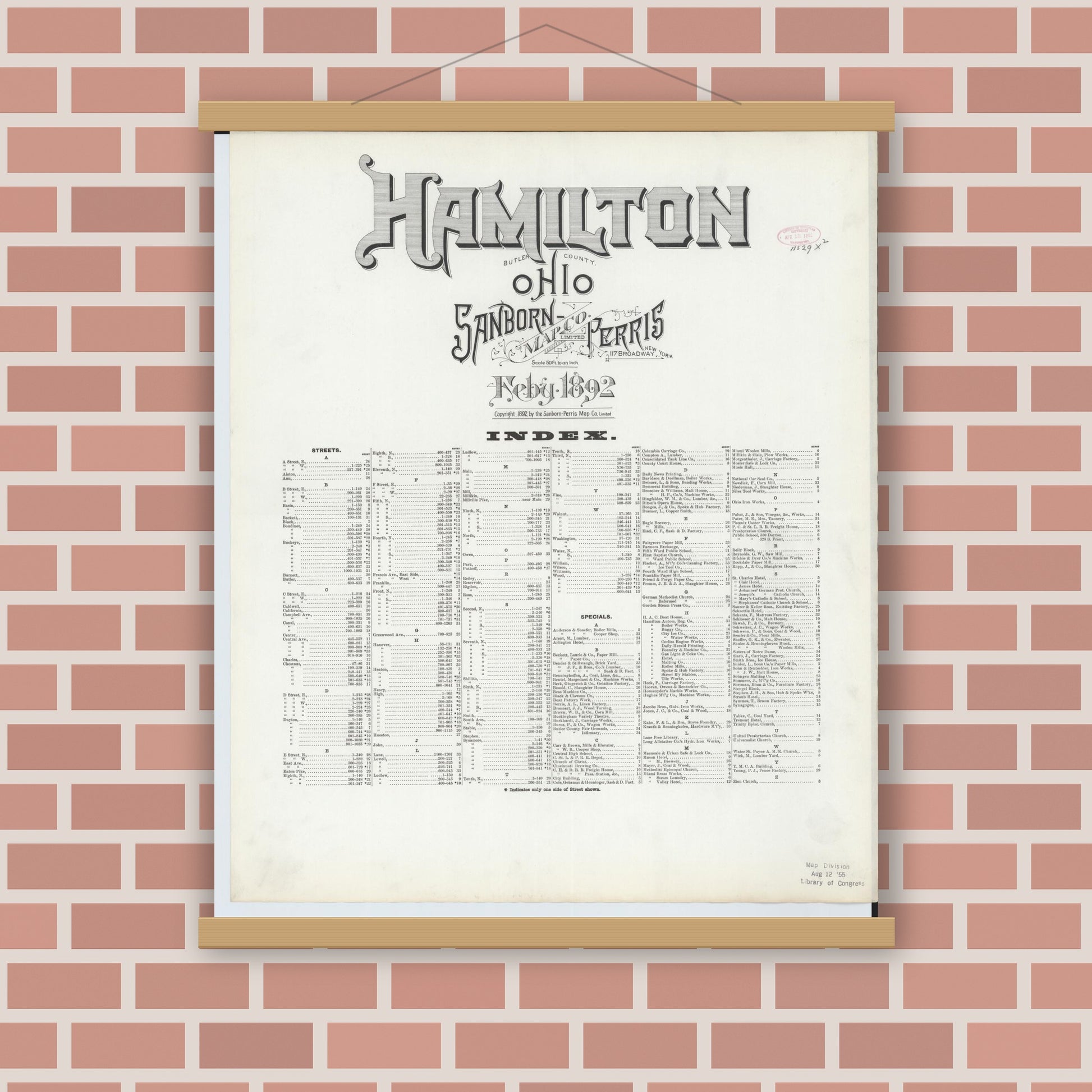 Old map wall art mockup — magnetic wood frame on brick wall — Sanborn Fire Insurance Map from Hamilton, Butler County, Ohio (1892), Sheet #0001