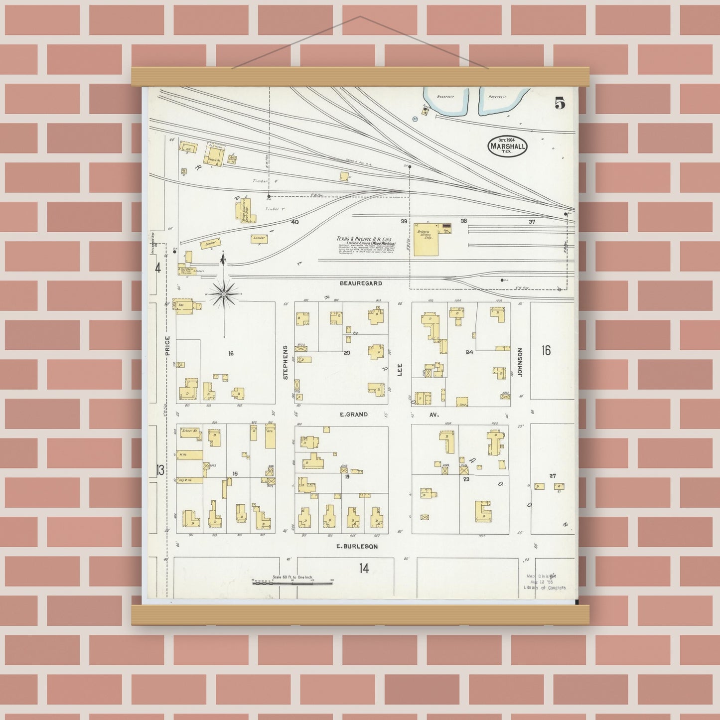 Old map wall art mockup — magnetic wood frame on brick wall — Sanborn Fire Insurance Map from Marshall, Harrison County, Texas (1904), Sheet #0005