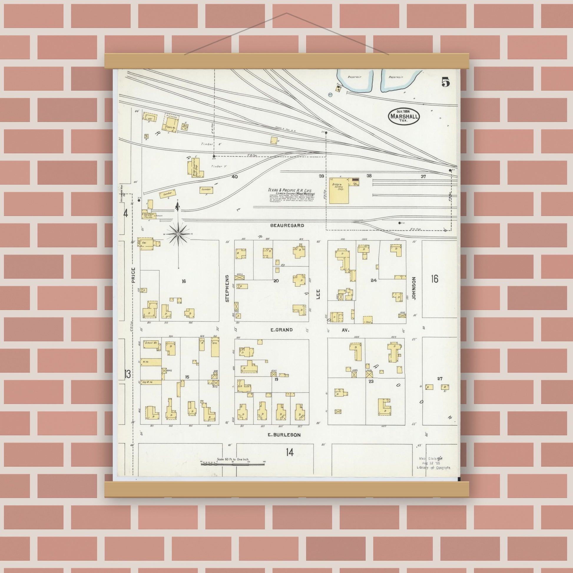 Old map wall art mockup — magnetic wood frame on brick wall — Sanborn Fire Insurance Map from Marshall, Harrison County, Texas (1904), Sheet #0005